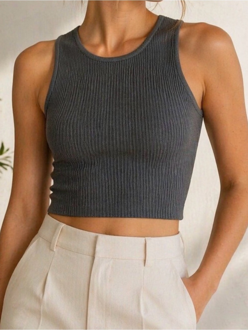 Aritzia Babaton Ribbed Crewneck Crop Top in Slate Gray